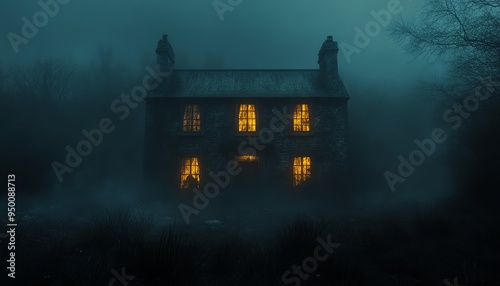 Haunted house with shadowy figures in the windows, dark and foggy night, eerie glow, high detail, spooky and unsettling ambiance