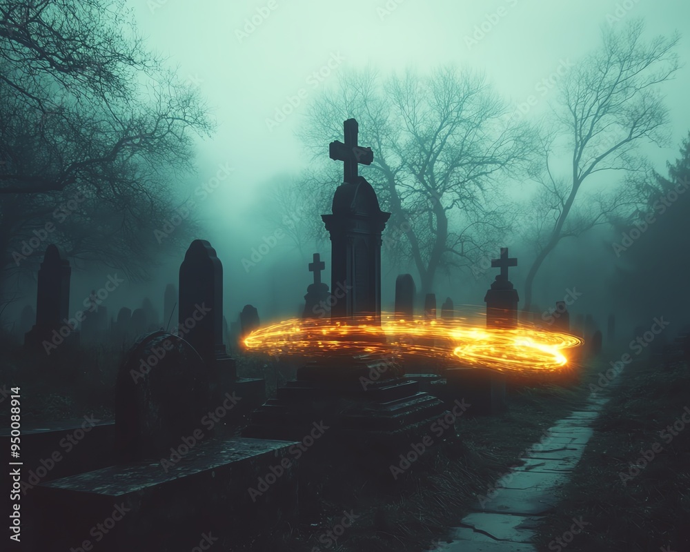 Magical light trails in a dark, foggy graveyard, eerie glow illuminating ancient tombstones, high detail, mystical and spooky Magical light trails in a dark, foggy graveyard, eerie glow illuminating ancient tombstones, high detail, mystical and spooky