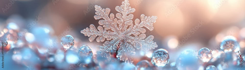 Close-up of a delicate snowflake resting on shimmering blue beads, capturing the essence of winter's beauty and tranquility. Close-up of a delicate snowflake resting on shimmering blue beads, capturing the essence of winter's beauty and tranquility.