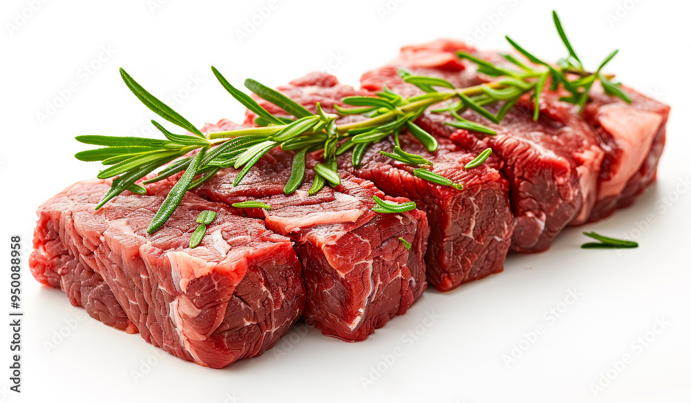 A piece of meat with a bunch of green leaves on top. The meat is cut into small cubes A piece of meat with a bunch of green leaves on top. The meat is cut into small cubes