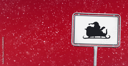 Weihnachtssild mit Santa Claus vor Rotem Hintergrund