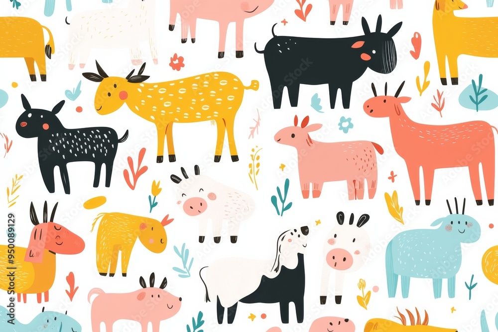 A colorful drawing of various animals, including cows, goats, and sheep, with a happy and playful mood A colorful drawing of various animals, including cows, goats, and sheep, with a happy and playful mood