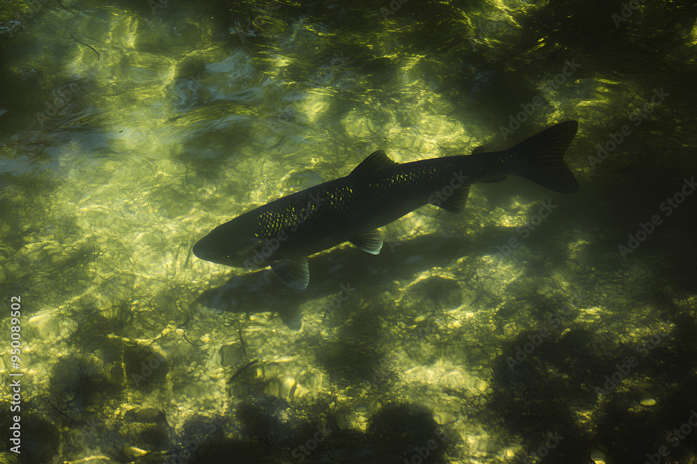A faint shadow of a fish moving silently through clear water.
A faint shadow of a fish moving silently through clear water.