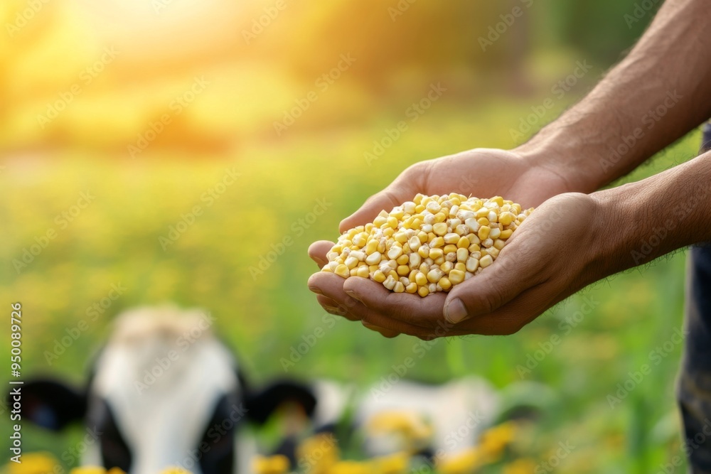A man is holding a bag of corn in his hand. The man is standing in a field with a cow in the background A man is holding a bag of corn in his hand. The man is standing in a field with a cow in the background