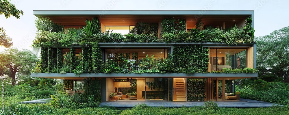 Green energy-efficient house with vertical gardens and rainwater harvesting system, environmental innovation Green energy-efficient house with vertical gardens and rainwater harvesting system, environmental innovation