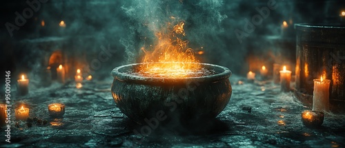 Mysterious cauldron with bubbling, mystical brew in a dark, cobwebcovered laboratory, eerie light from scattered candles, high detail, magical and atmospheric