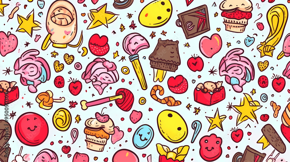 Sweets and fruits as background in 2D illustration. Sweets and fruits as background in 2D illustration.