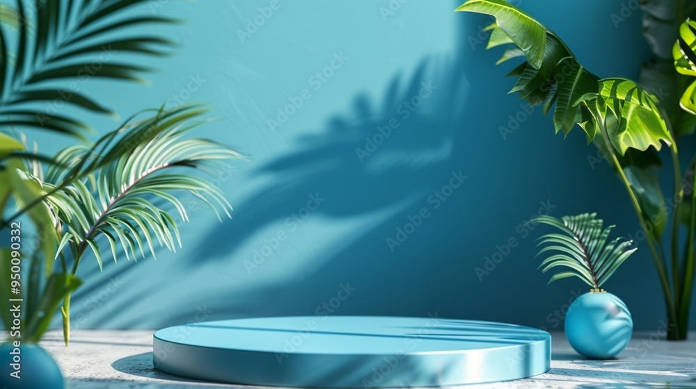 Tropical paradise meets modern design: Circular blue podium surrounded by lush palm leaves casting dramatic shadows on teal wall, perfect for product display. Tropical paradise meets modern design: Circular blue podium surrounded by lush palm leaves casting dramatic shadows on teal wall, perfect for product display.