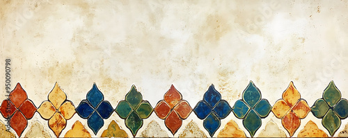 Moroccan-Inspired Decorative Border: Colorful Hand-Painted Design on Cream Paper, Featuring Symmetrical Triangles and Diamonds in Blue, Green, Yellow, Orange, Red, Purple, Brown, and Black for Vintage photo