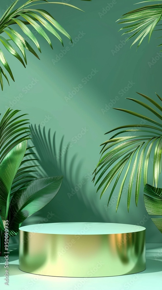 Tropical elegance: golden podium surrounded by lush palm leaves casting shadows on a serene green backdrop, creating a luxurious product display setting.