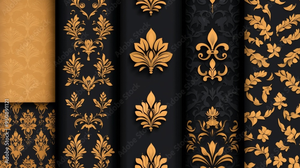A set of black and gold floral patterns. The patterns are ornate and intricate, with a sense of luxury and elegance. The colors are rich and vibrant, creating a sense of opulence and sophistication