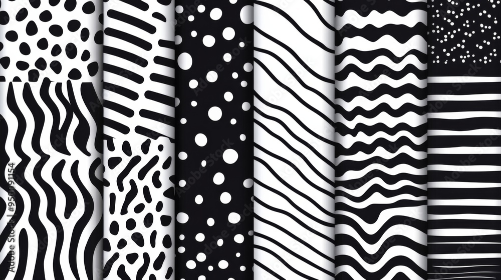 A series of black and white patterns, including stripes, dots, and waves. The patterns are arranged in a row, with some overlapping and others standing out. Scene is one of creativity A series of black and white patterns, including stripes, dots, and waves. The patterns are arranged in a row, with some overlapping and others standing out. Scene is one of creativity
