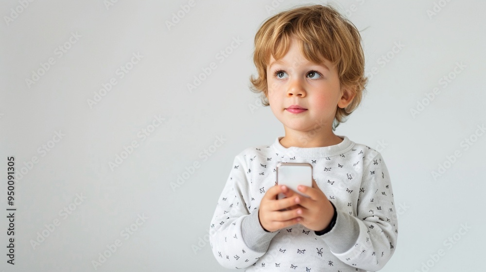 Curious young child with tousled blonde hair holding smartphone, wearing white patterned sweater against light background, embodying digital native generation. Curious young child with tousled blonde hair holding smartphone, wearing white patterned sweater against light background, embodying digital native generation.