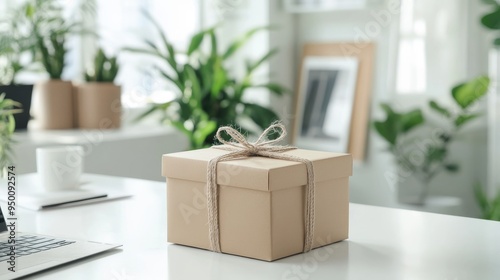 Minimalist Gift Box on Sleek White Desk in Sunlit Home Office photo