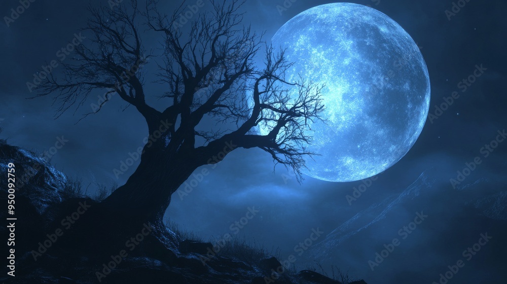 Spooky Night: Dead Tree and Large Moon with Blue Light
