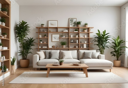 A modern living room with a large Canvas on the wall  surrounded by wooden shelves and potted plants.