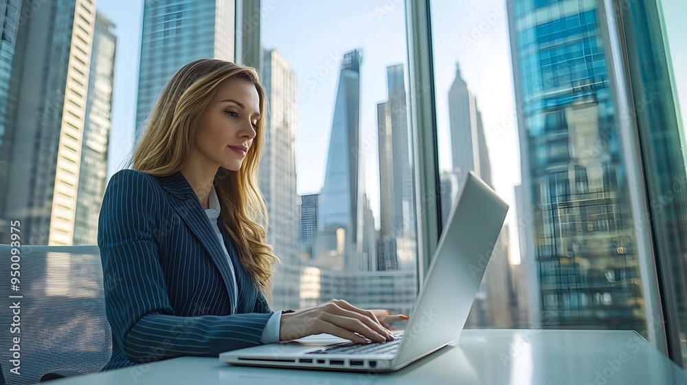 Confident Business Executive Typing Rapidly on Laptop in Modern Office with City Skyline Confident Business Executive Typing Rapidly on Laptop in Modern Office with City Skyline