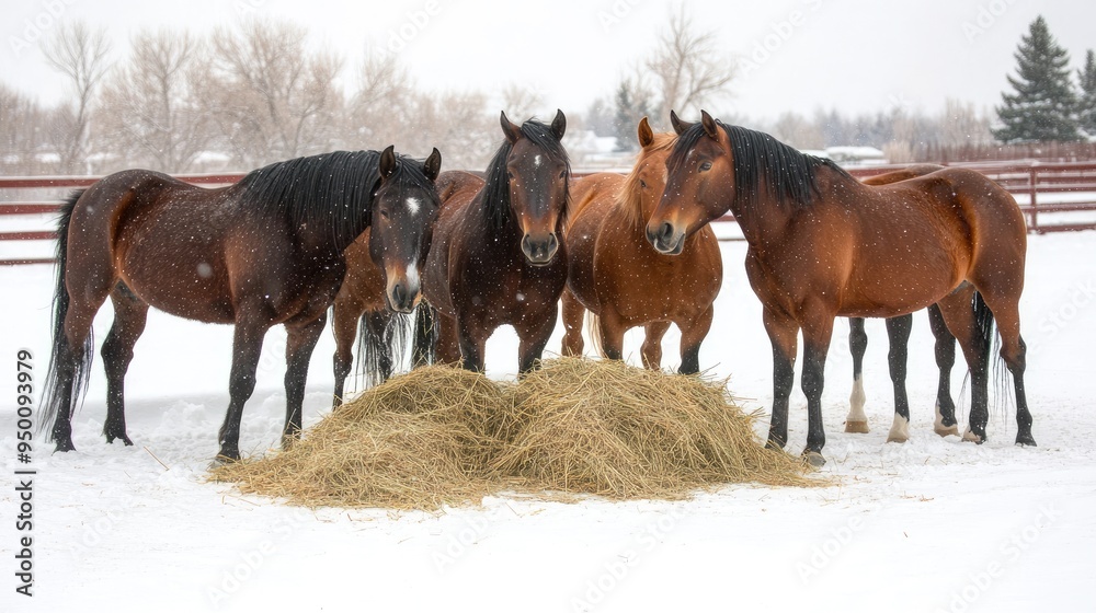Four horses gather around bales of hay in a snowy environment, calmly eating while snowflakes drift down, creating a tranquil winter ambiance Four horses gather around bales of hay in a snowy environment, calmly eating while snowflakes drift down, creating a tranquil winter ambiance