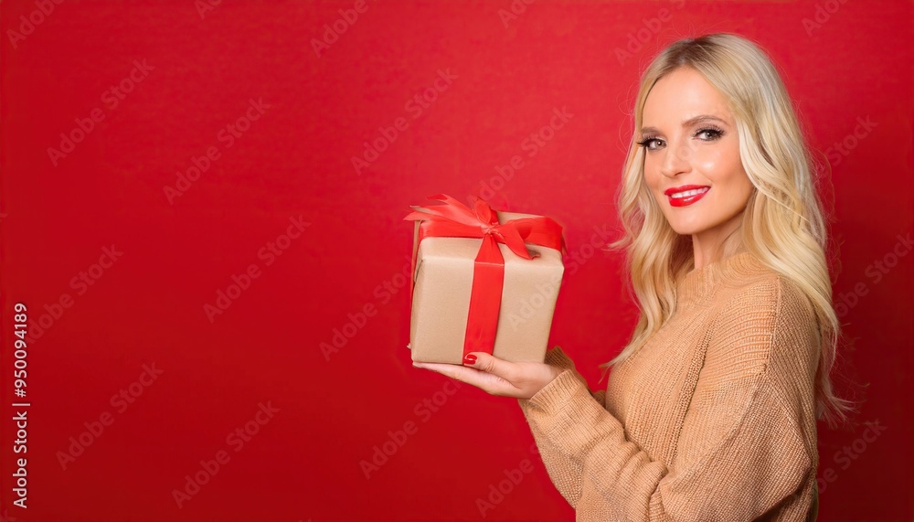 Beautyful blond woman with christmas box gift on red background Beautyful blond woman with christmas box gift on red background