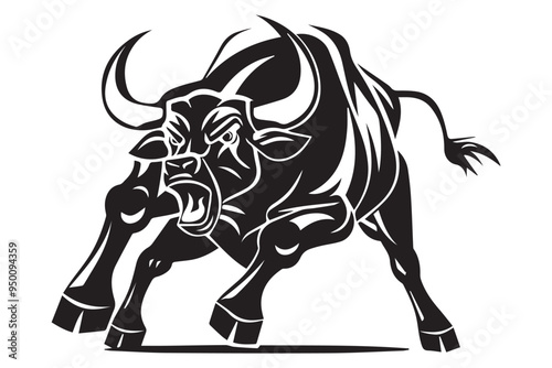 Vintage Engraved Raging Bull Vector Illustration in Black and White with Hand-Drawn Woodcut Style