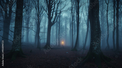 a foggy forest with silhouettes of trees and a faint light in the distance