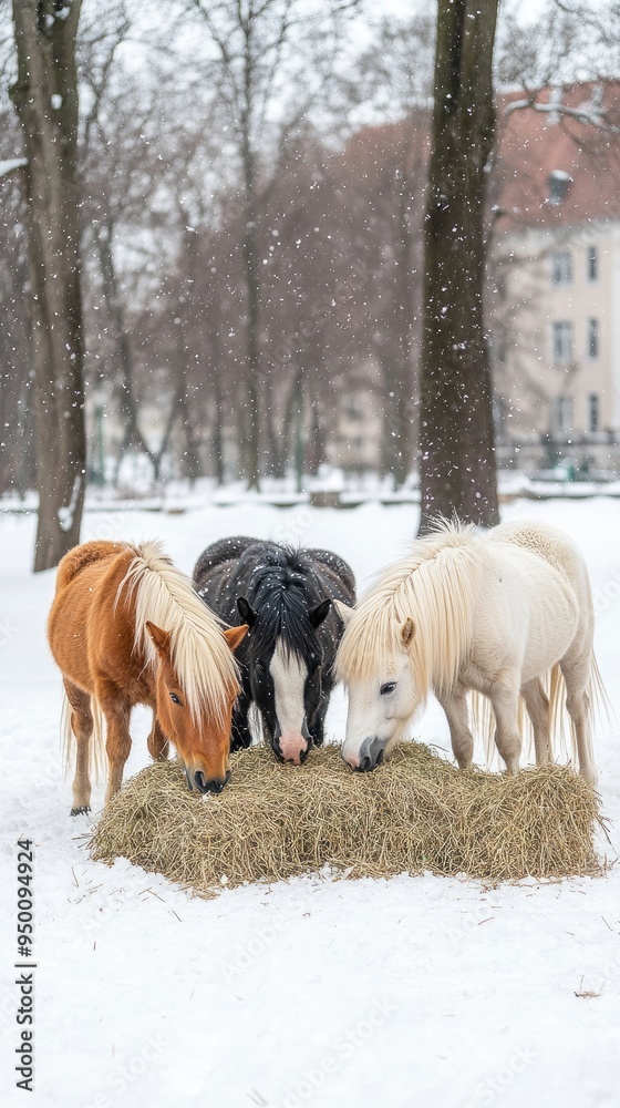 Four horses gather around bales of hay in a snowy environment, calmly eating while snowflakes drift down, creating a tranquil winter ambiance Four horses gather around bales of hay in a snowy environment, calmly eating while snowflakes drift down, creating a tranquil winter ambiance
