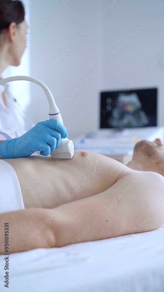 Obraz premium Doctor woman with blue medical gloves performing an ultrasound scan of male patient breast lying down in clinic. Cardiology diagnosis concept