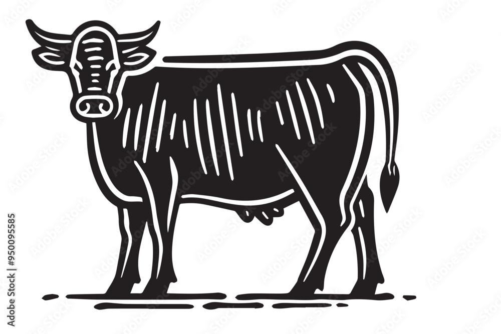 Engraved Woodcut Style Illustration of a Standing Cow in Black and White Engraved Woodcut Style Illustration of a Standing Cow in Black and White
