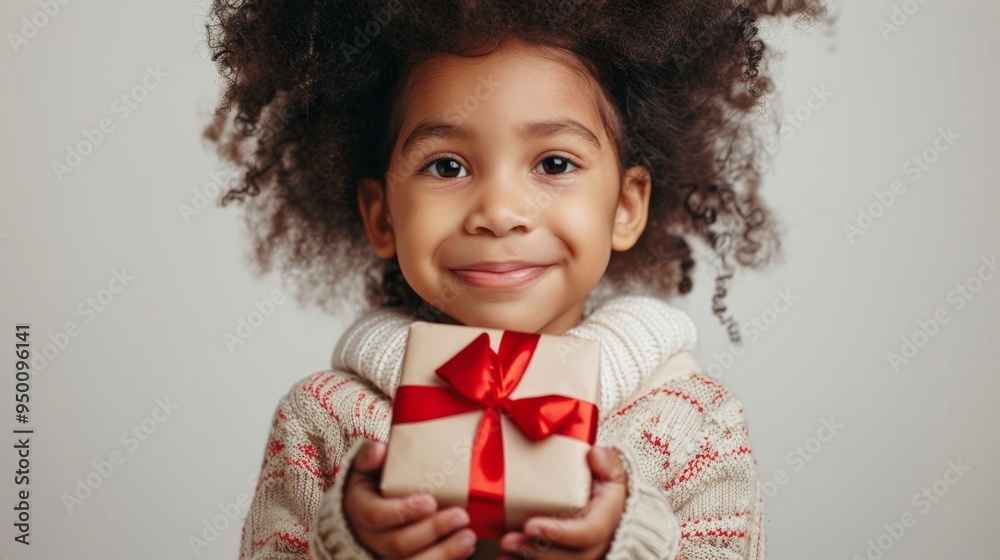 Smiling little south african girl holding christmas present on grey background. Christmas, birthday celebration concept. Smiling little south african girl holding christmas present on grey background. Christmas, birthday celebration concept.