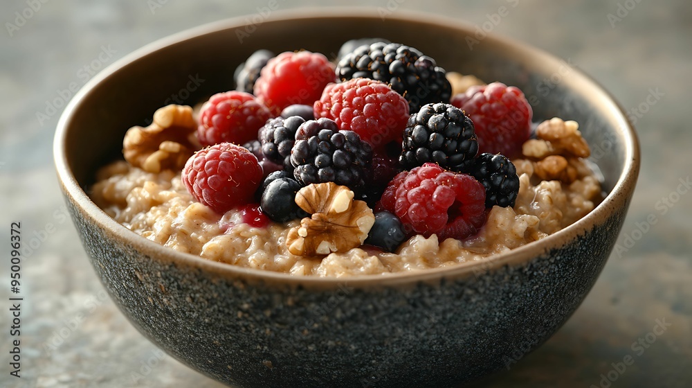 A hearty bowl of oatmeal topped with fresh raspberries, blackberries, and walnuts, creating a nutritious and satisfying breakfast. A hearty bowl of oatmeal topped with fresh raspberries, blackberries, and walnuts, creating a nutritious and satisfying breakfast.