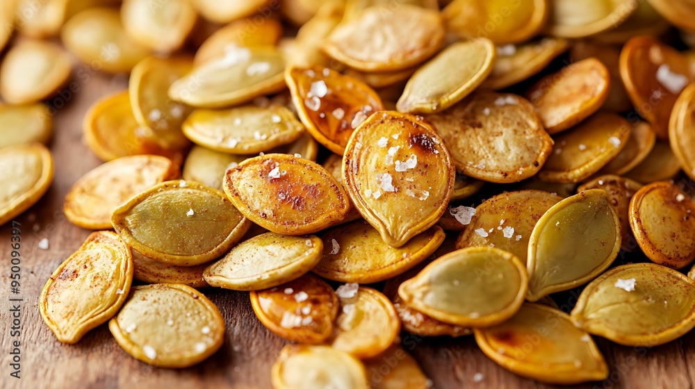 Close-up of roasted pumpkin seeds lightly seasoned with sea salt, offering a crunchy and savory snack option. Close-up of roasted pumpkin seeds lightly seasoned with sea salt, offering a crunchy and savory snack option.