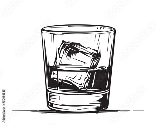 Hand Drawn Vintage Whiskey Glass with Ice Cubes Illustration in Woodcut Style