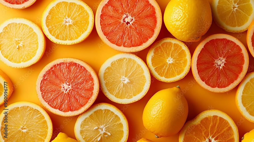 A colorful arrangement of sliced citrus fruits, including grapefruits, lemons, and oranges, placed on a bright yellow background for a refreshing and zesty look. A colorful arrangement of sliced citrus fruits, including grapefruits, lemons, and oranges, placed on a bright yellow background for a refreshing and zesty look.