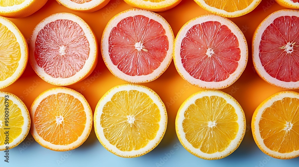 Top view of sliced citrus fruits, including grapefruits, lemons, and oranges, arranged in a vibrant, geometric pattern on a bright background. Top view of sliced citrus fruits, including grapefruits, lemons, and oranges, arranged in a vibrant, geometric pattern on a bright background.