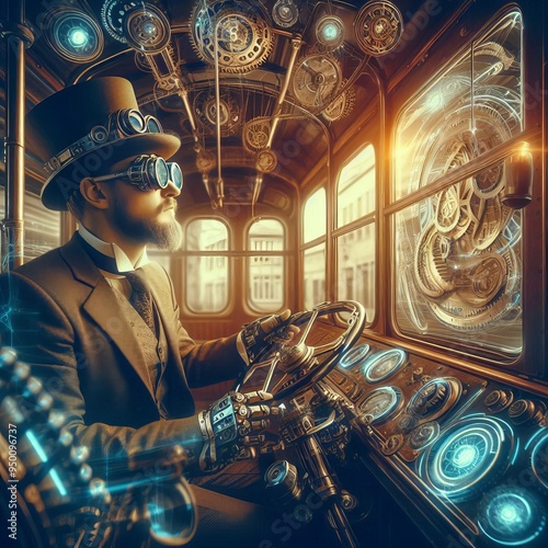 59 Steampunk Style A driver in a steampunk themed trolleybus hol photo