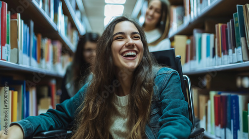 A young woman in a wheelchair laughing with friends in a university library, surrounded by shelves of books, as they prepare for exams together.