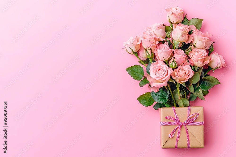 Bouquet of roses, gift box on pink background. greeting card design. Flat lay, top view. Generative Ai Bouquet of roses, gift box on pink background. greeting card design. Flat lay, top view. Generative Ai