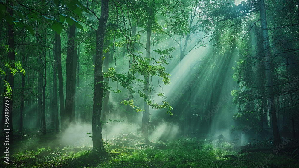 Obraz premium a forest in the early morning, with mist rising from the ground and the first light of day filtering through the trees