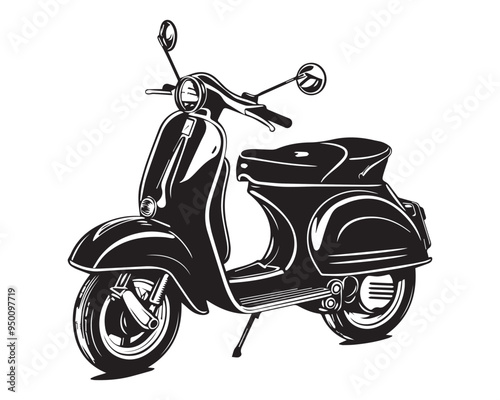 Hand-drawn Black and White Vintage Scooter Sketch Vector Illustration in Woodcut Style