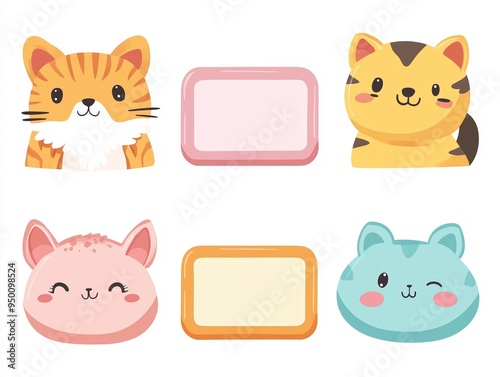 Cute animal character stickers, six colors, vector illustrations, simple shapes and lines, colorful, flat style, cute patterns with white background. There is an empty name plate in the middle of each