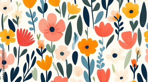 A colorful floral pattern with a variety of flowers and leaves. The flowers are in different colors and sizes, and the leaves are also varied. Scene is cheerful and vibrant, with a sense of nature