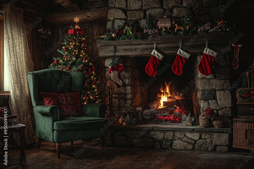 An armchair, a Christmas tree, and a fireplace for the Christmas room An armchair, a Christmas tree, and a fireplace for the Christmas room