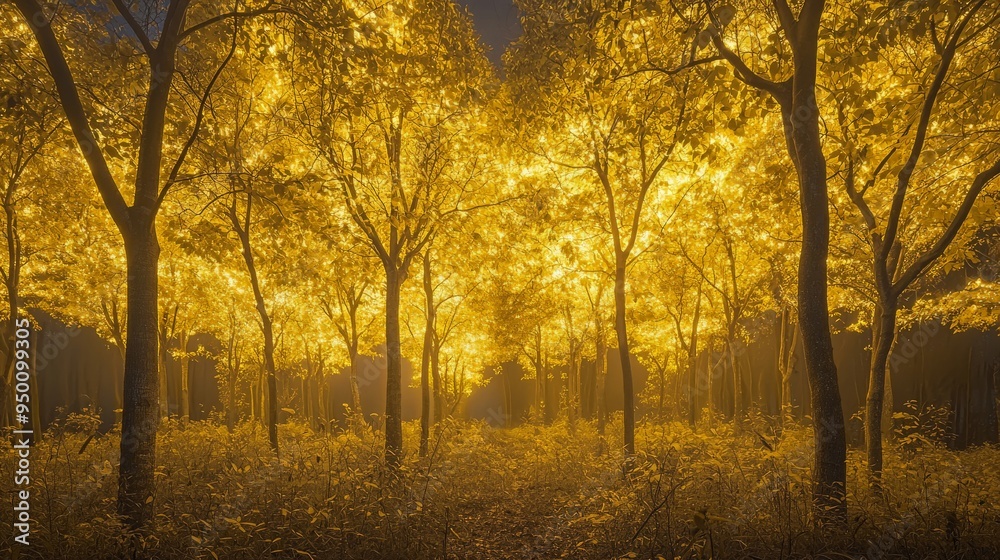 A forest transformed into otherworldly scenery with trees that have translucent, glowing leaves A forest transformed into otherworldly scenery with trees that have translucent, glowing leaves