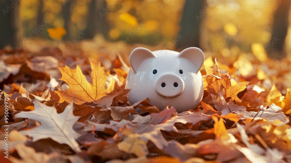 Φωτογραφία A cute piggy bank sits among colorful autumn leaves in a serene forest