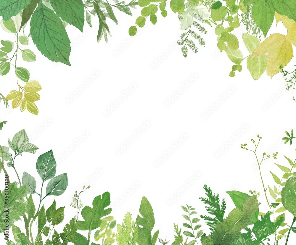 Watercolor invitation design with herbs and leaves on a green background. A floral background is hand-painted by the artist. Template.