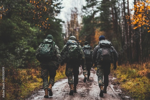 A group of soldiers on military exercises. War, army, technology and people are the main concepts here.