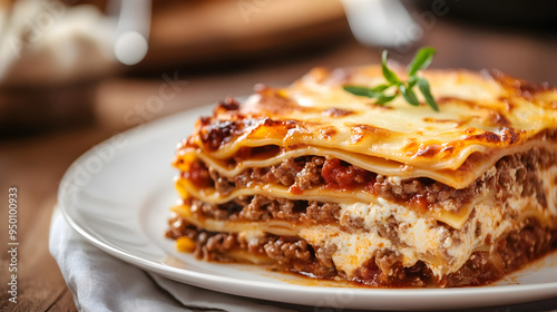 Delicious Homemade Layered Lasagna Dish on Plate with Mouthwatering Tomato Based Sauce and Melted Cheese