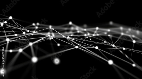 A black and white image of a bunch of dots that are connected to each other. The image has a futuristic and abstract feel to it