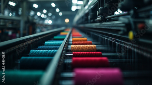 Modern textile mill where fibers are being spun, dyed, and woven into fabrics, with automated looms producing intricate patterns.