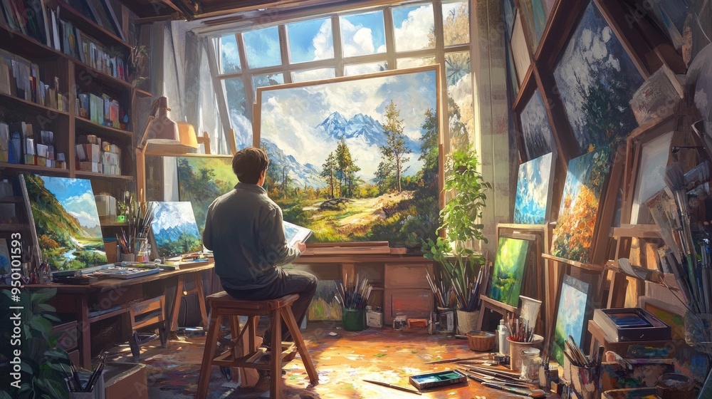 A serene artist studio filled with natural light and vibrant paintings. The artist contemplates a beautiful landscape outside. A perfect space for inspiration and creativity. AI A serene artist studio filled with natural light and vibrant paintings. The artist contemplates a beautiful landscape outside. A perfect space for inspiration and creativity. AI